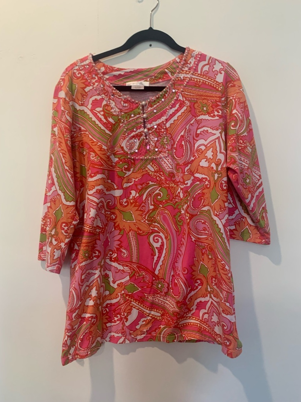 Soft Surroundings Pink Paisley Beaded Neck Tunic